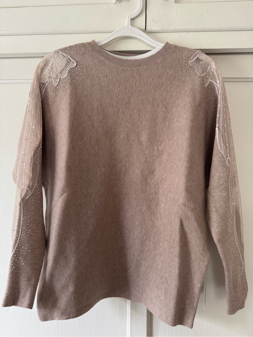 Sweet Rain Beige Crew Neck Sweater with Sheer Beaded Sleeves